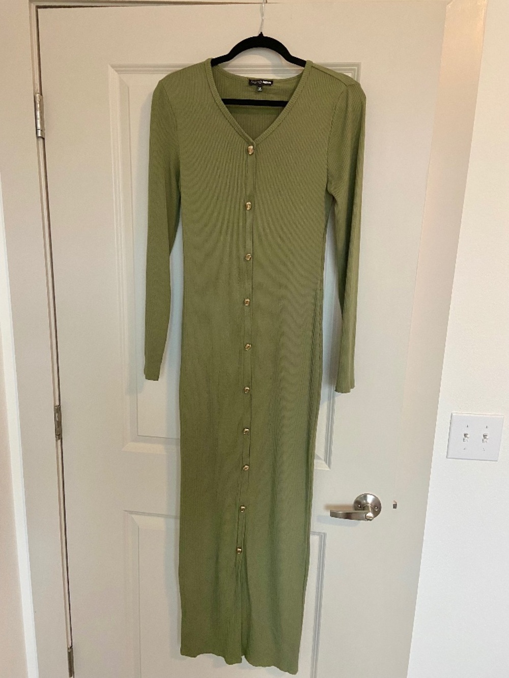 Fashion Nova Olive Green Ribbed Button Front Maxi Dress Long Sleeve